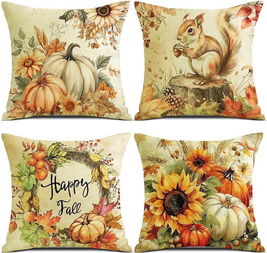 YCOLL Herfstkussenhoes 50x50 Set van 4 Kussenhoezen Herfstpompoen Decoratief Bankkussen Linnen Kussenhoezen Herfstdecoratie Buiten Pompoenkussen voor Slaapkamer Woonkamer Bank Decoratief Kussen 50x50 cm