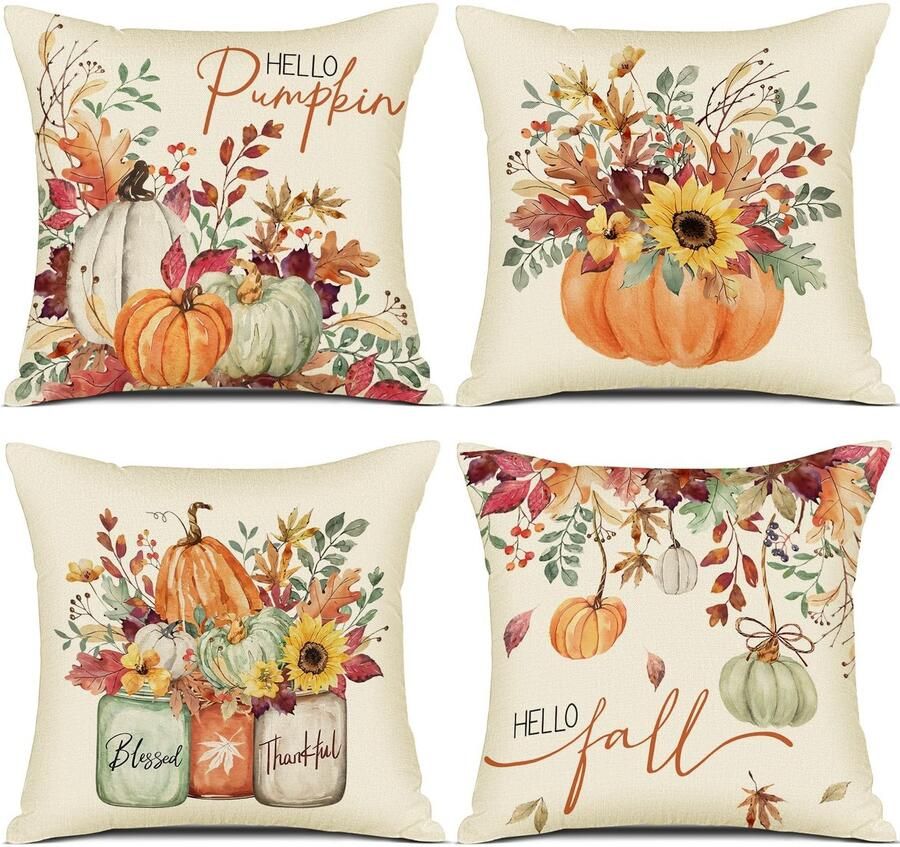 YCOLL Herfstkussenhoes 50x50 Set van 4 Kussenhoezen Herfstpompoen Decoratie Bankkussen Linnen Kussenhoezen Herfstdecoratie Buiten Pompoenkussen voor Slaapkamer Woonkamer Bank Decoratief Kussen 50x50 cm
