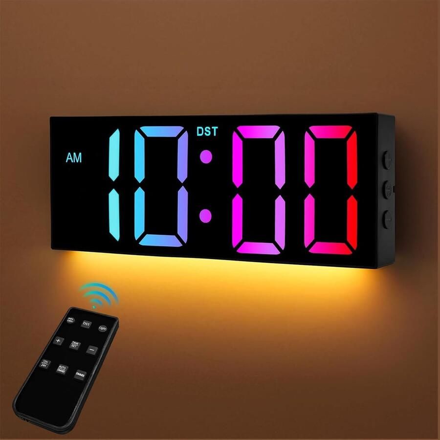 Yeelan digitale wandklok 8-kleuren digitale wandklok 12 grote digitale klok met nachtlampje automatische helderheidsregeling 24 12-uurs digitale klok wandklok voor woonkamer kantoor bureau
