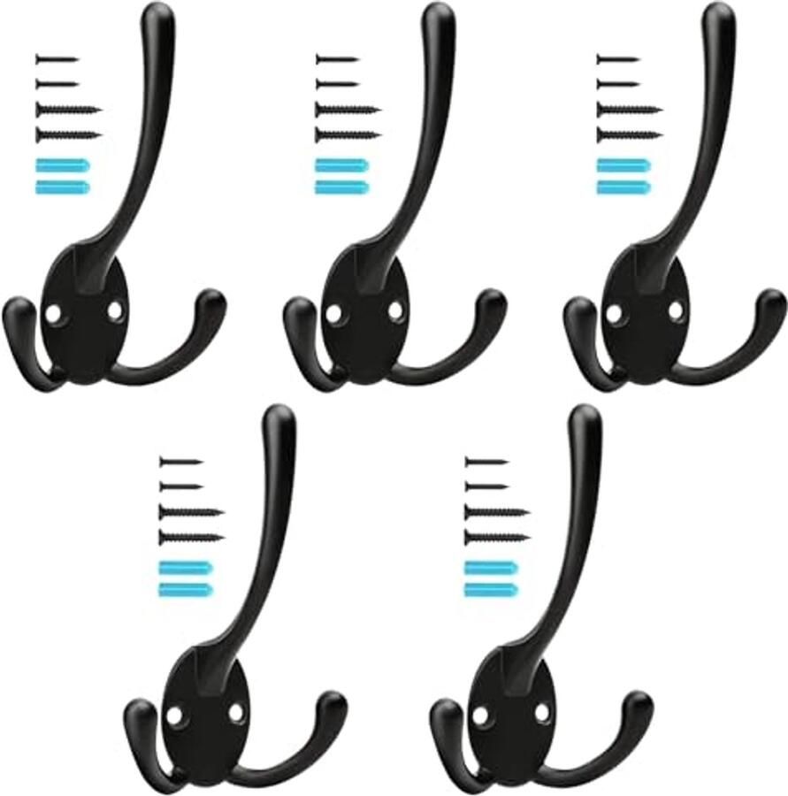 YIHATA Pak van 5 kapstokhaken muurhaken zwarte vintage metalen kapstokhaken met 20 schroeven voor badkamer keuken slaapkamer