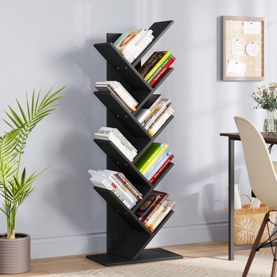 YITAHOME Tree Bookcase Floor Standing Bookshelf Tall Industrial Wooden Shelves Bookcase Display Storage Racks for Living Room Home Office Black Bookshelf