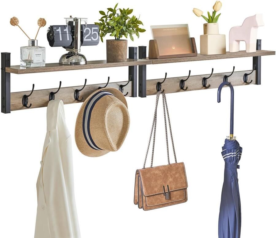 Ibenzoa Stijlvolle Wandgarderobe Set met 10 Haken en Opbergrek in Zilvergrijs voor Elke Kamer