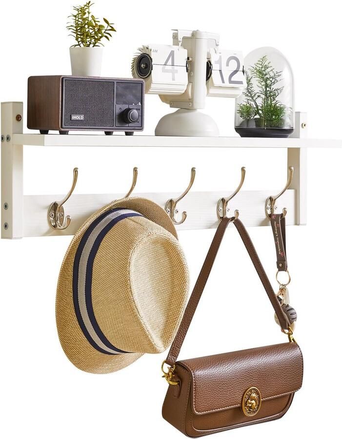 YMYNY Wandkapstok Wandplank Hangplank met 5 haken en hangstang Set van 1 Stevig voor gang slaapkamer en woonkamer Wit HWS004W