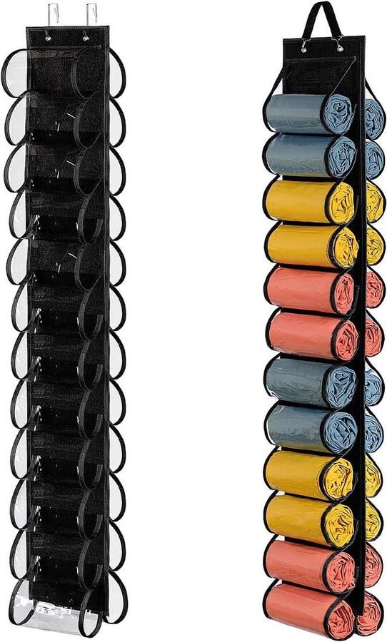 Yoga Legging Opslag Organisator met 24 Zakken Opvouwbare Oxford Doek Opknoping Kast Organizer voor Shirts Jeans en Sokken Zwart