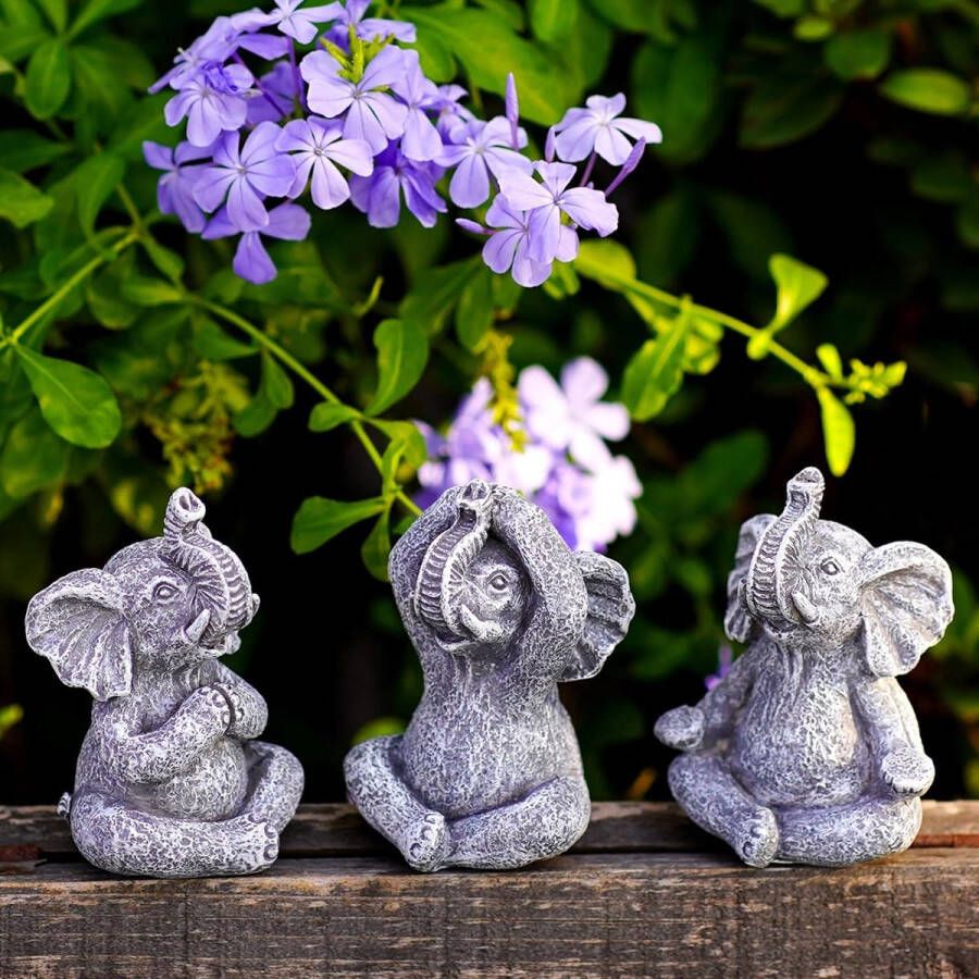 Yoga olifant tuinfirguren Zen tuindecoratie woonkamer hars olifant figuren miniatuur decoratie olifant geschenken voor vrouwen kinderen vriendin verjaardag bureau accessoires 3 stuks grijs