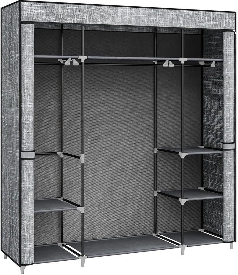 Yoin kledingkast Stoffen kledingkast Garderobekast Draagbaar 162x43x175 cm Grijs Opvouwbaar Campingkast Kast