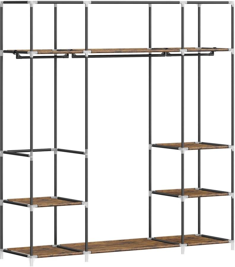 Yoin kledingkast Vrijstaande kledingkast Kledingrek Kapstok Metalen frame 3 rekken 9 planken Open kast Bruin zwart