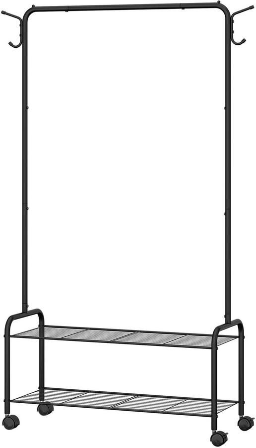 Yoin kledingrek Op wieltjes Kleding rek Met schoenenrek Kledingstang Zwart Metaal Met 4 haken Met opbergplank