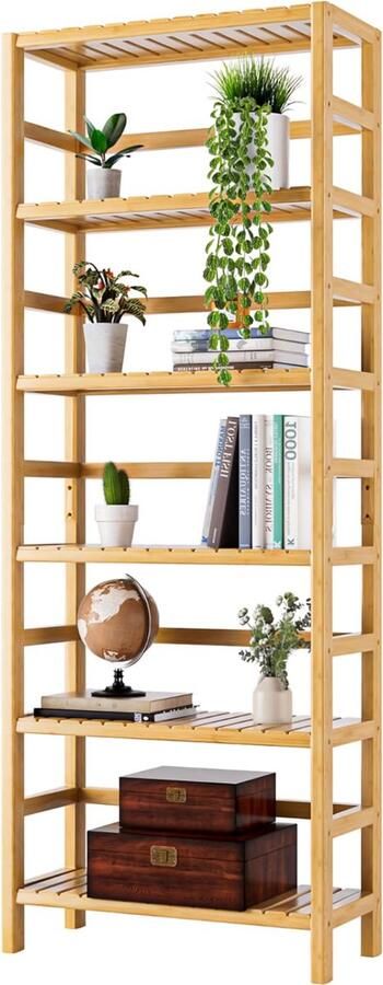 YOLO SHOP -Boekenkasten-6-laags-Bamboe Boekenkast Groot Open Opbergrek Organisator plantenstandaard-Vrijstaande Badkamerrek met Verstelbare Planken- Natuurlijk