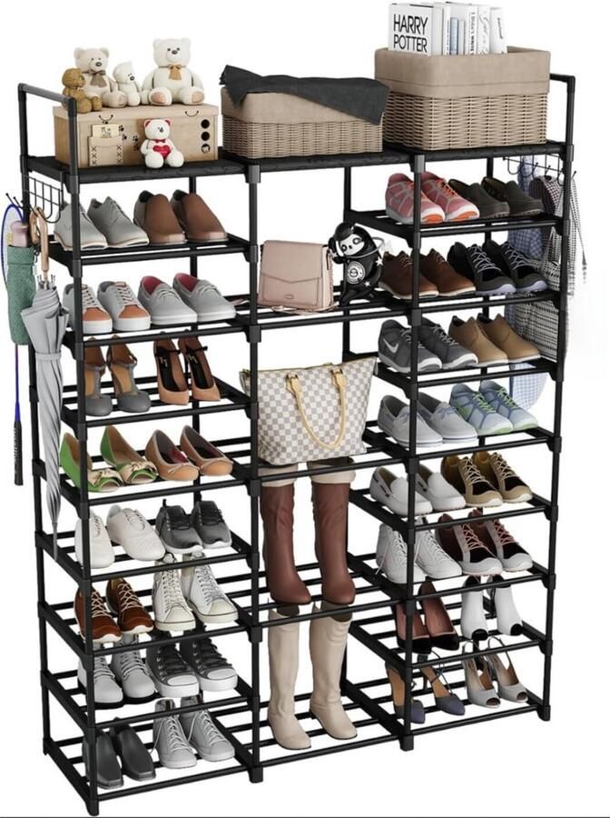 YOLO SHOP -schoenenrek zwart-met 9 niveaus-DIY metalen schoenenrekken-50-55 paar schoenen op te bergen-staande schoenenkast met haken