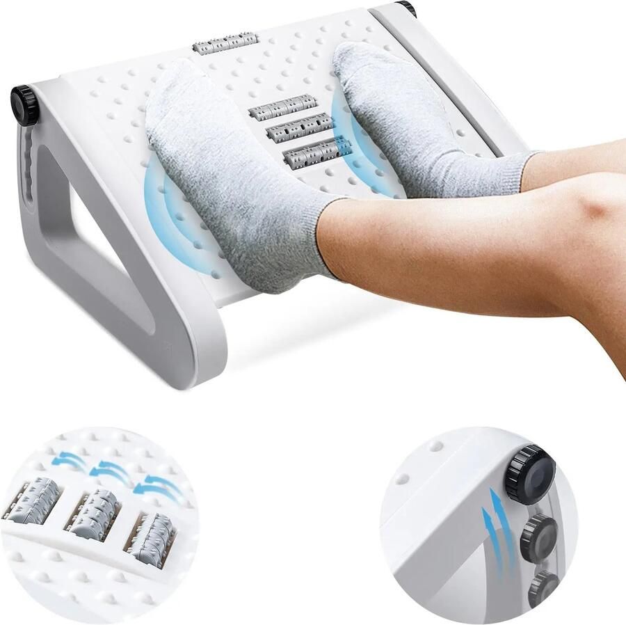 YOLO SHOP Voetensteun bureau 6 Verstelbare Hoogtes Massagerollers Robuust en ergonomisch Anti-Slip Wit