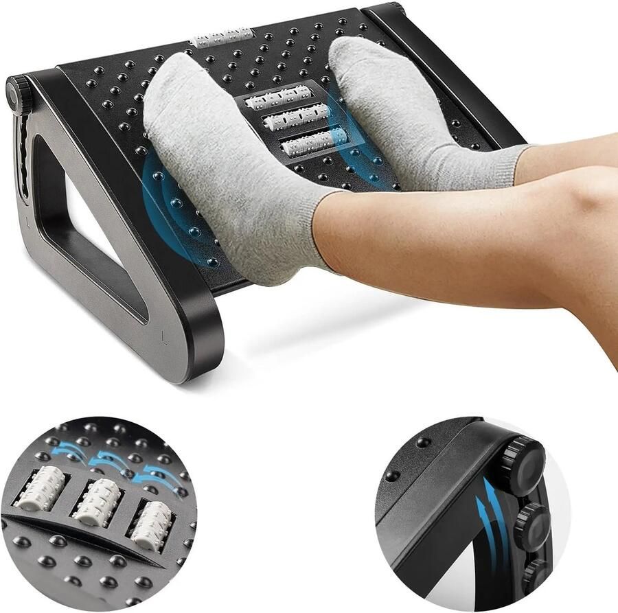 YOLO SHOP Voetensteun bureau 6 Verstelbare Hoogtes Massagerollers Robuust en ergonomisch Anti-Slip Zwart