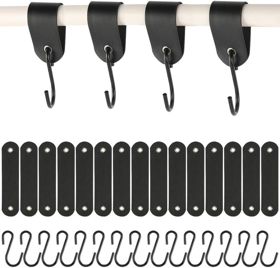 YONGQING 15 stuks haken met leren lus roestvrijstalen S-haken zwart 12 5 * 3 cm haken om op te hangen kapstokhaken voor garderobe en camping