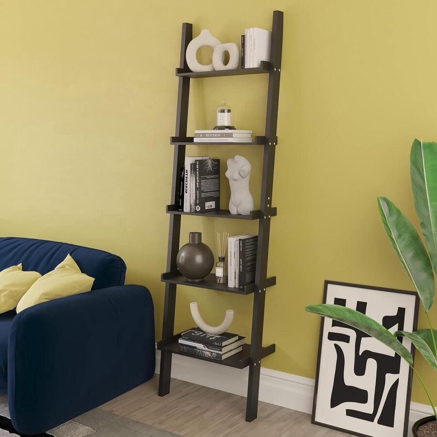 York 5 Tier Ladder Boekenkast stijlvolle opslagoplossing 1 zwart hout 180 cm