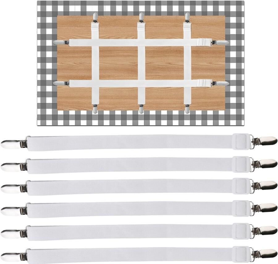 YOUNLEN Set van 6 tafelkleedclips voor buitentafels verborgen riem tafelkleedclips tafelkleedhouder elastische lakenbevestiging voor beddengoed bed matras of bank (wit)