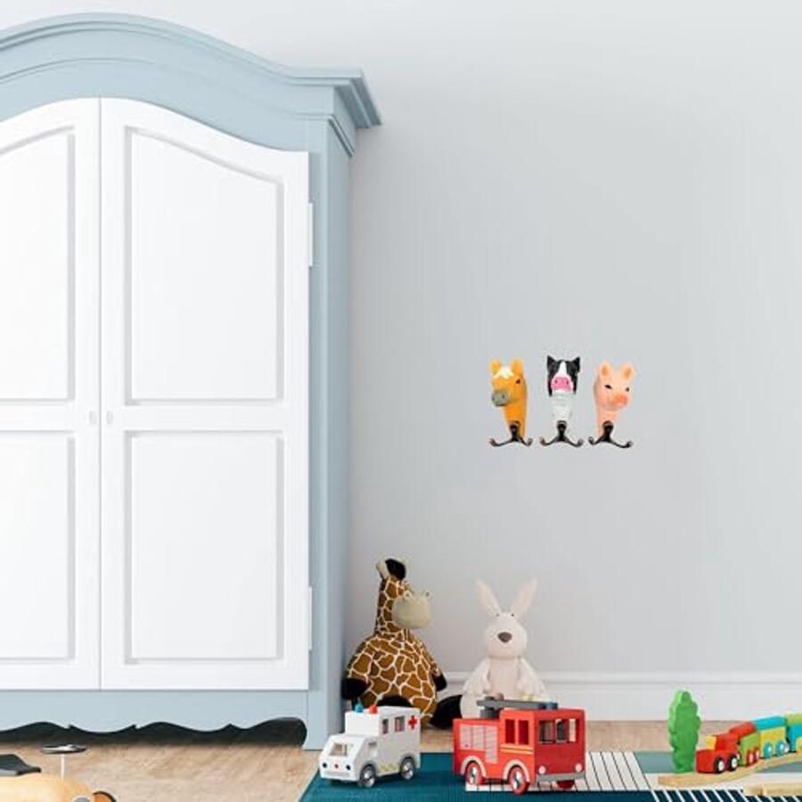 Your castle muurhaken boerderijdier familie dierenkoppen 2-voudige houten kapstokhaken set van 3 paard koe varken 11 x 6 cm