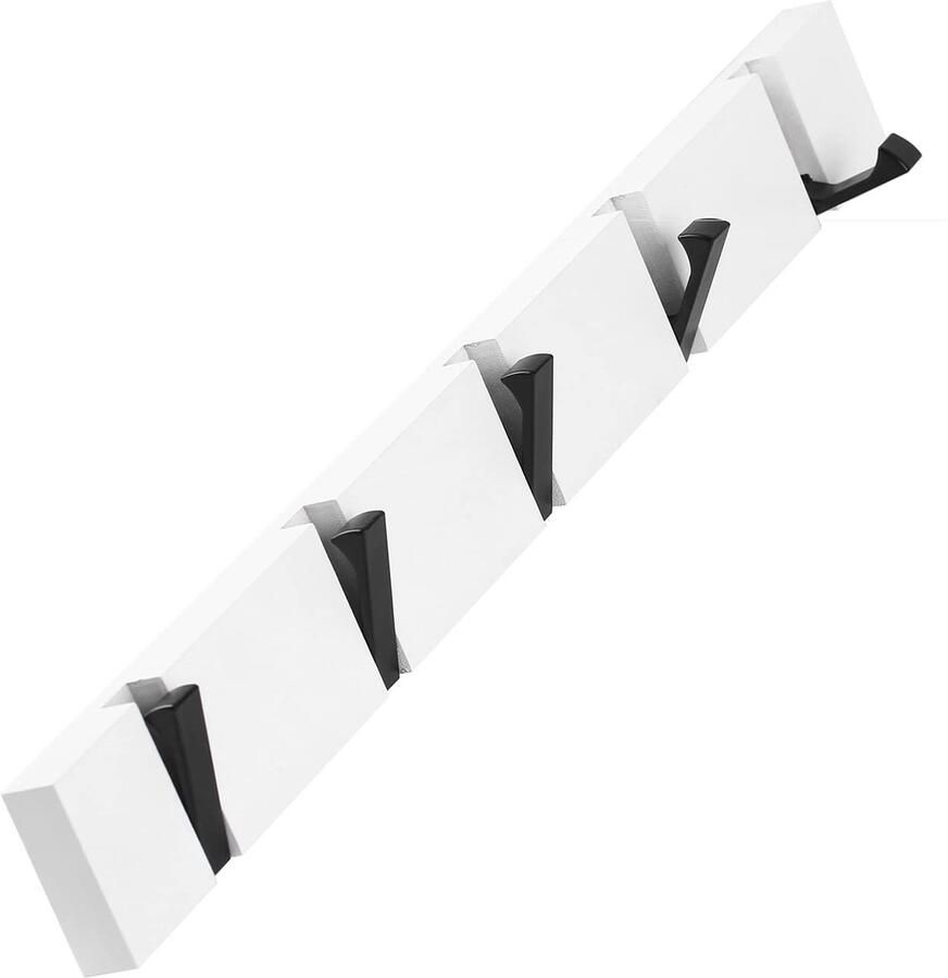 YunNasi Hook Rail Houten Kapstok Opvouwbare Kapstok Wandkapstok met 5 Opvouwbare Haken voor Jassen Sjaals Hoeden Handtassen (Wit 5 Haken 42cm)