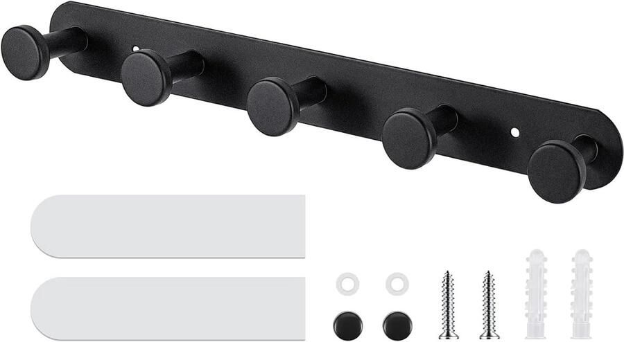 YUNYU Heavy-Duty roestvrijstalen kapstokhaken zelfklevende muurmontage zonder boren zwarte deurhaken met 5 hangers voor badkamer slaapkamer en keuken opslag organisatie