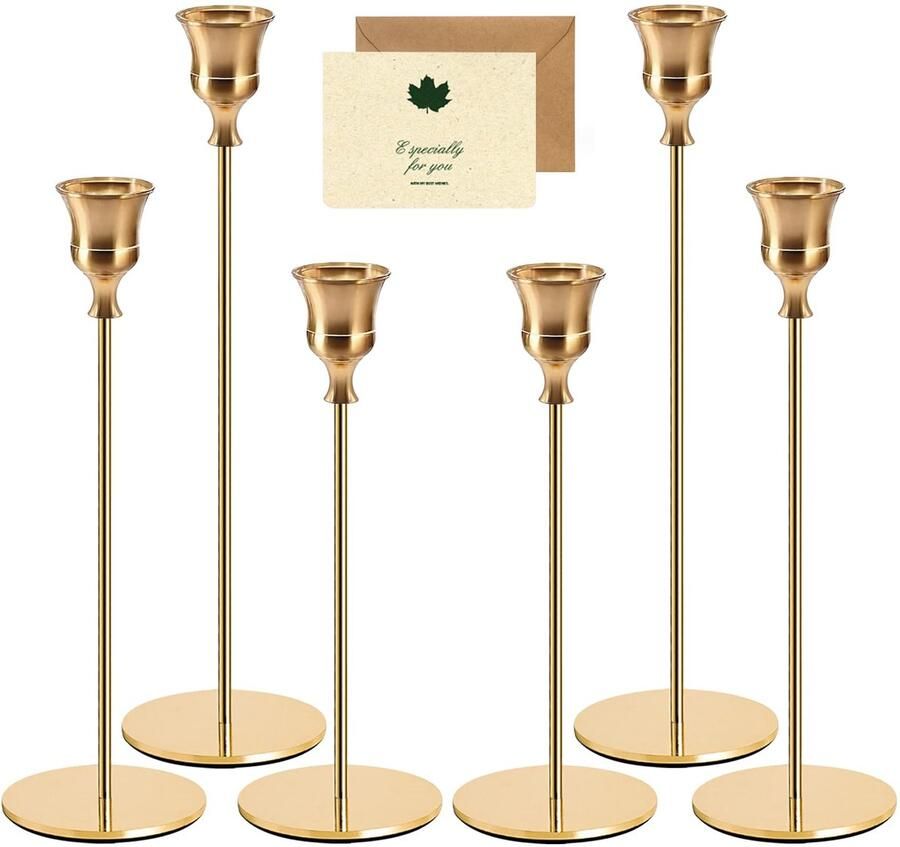 YUTUY Kandelaar Goud 6 Set Metalen Kaarsenhouder Bruiloft Kaarsenstandaard Hoge Kandelaar Decoratieve Kandelaar Taps Toelopende Kaarsenhouder voor Feest Bruiloft Tafel Diner Kaarsenhouder Vintage Decoratie