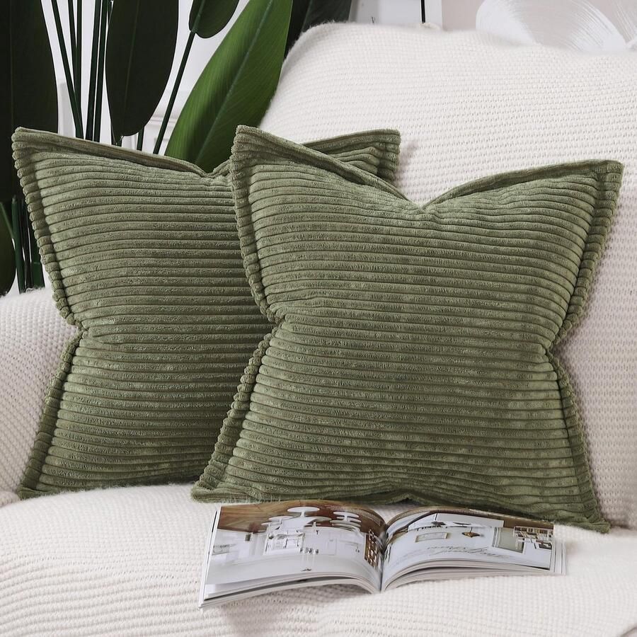 Z Set van 2 olijfgroen corduroy sierkussenslopen 45 x 45 cm met franjesrand super zacht boho gestreepte kussenslopen brede decoratieve gestructureerde werpkussens voor bank slaapkamer