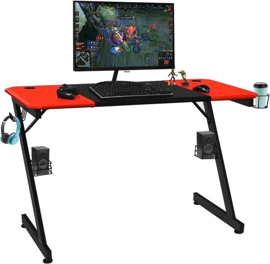 Z-vormige gamingtafel computertafel pc-tafel met bekerhouder hoofdtelefoonhaak en boxstandaard bureau voor thuis of op kantoor 120 x 60 x 77 cm rood en zwart