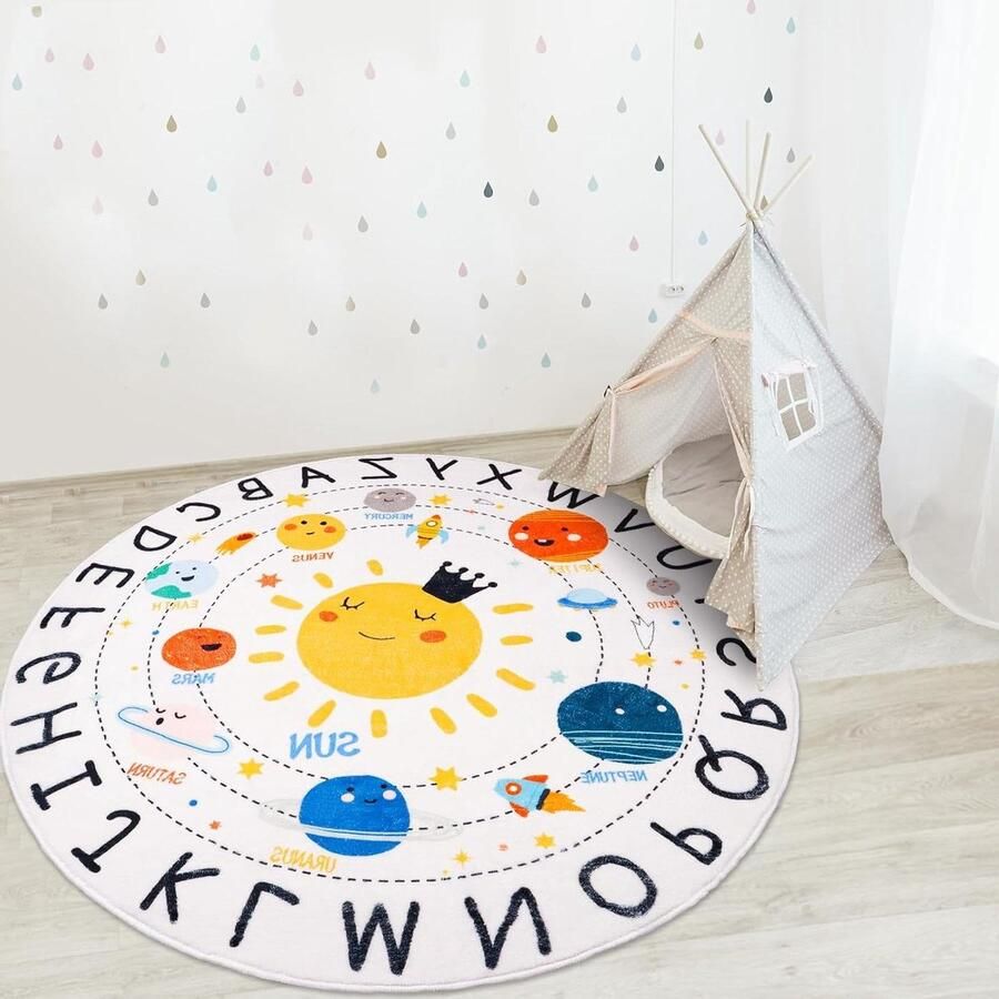 Zacht Alfabet Kindertapijt 80 cm Wasbaar Educatief Rond Kinderkamer