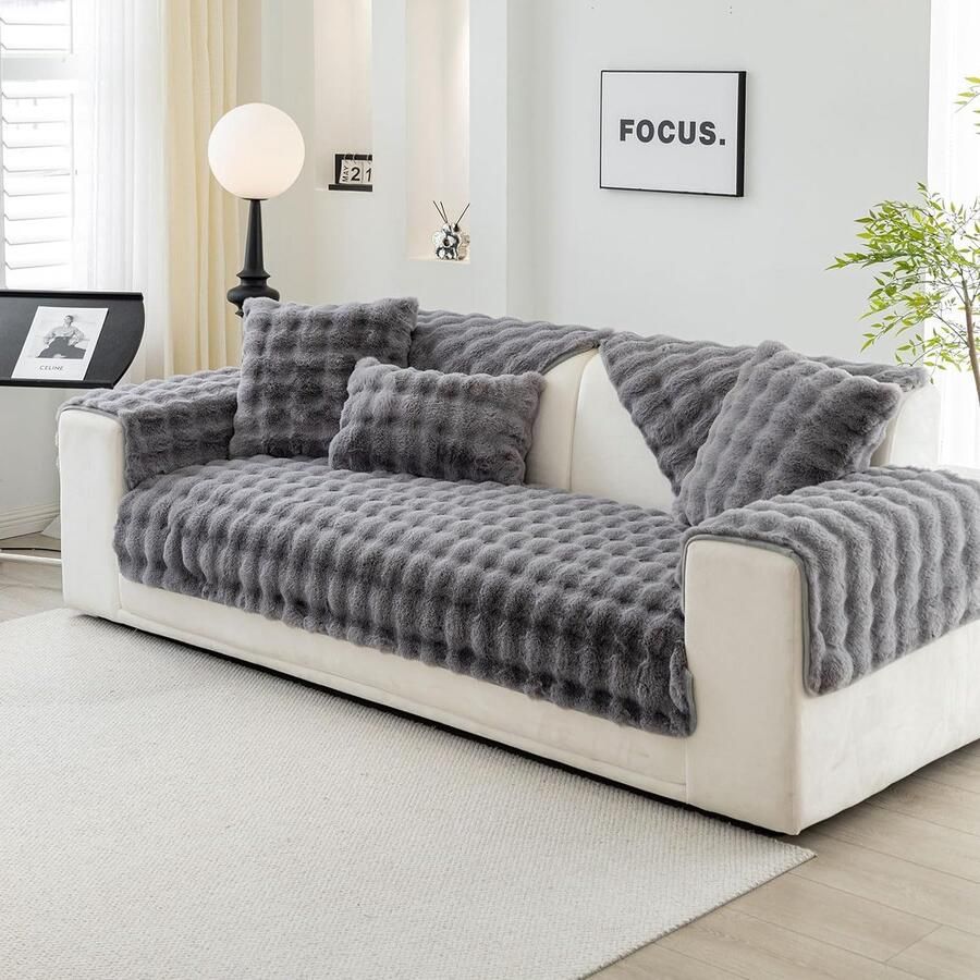 Zacht dik pluche bankkussen nieuwe antislip bankhoes pluizige bankhoezen meubelbeschermer (donkergrijs sofa-kussen 70 x 90 cm)