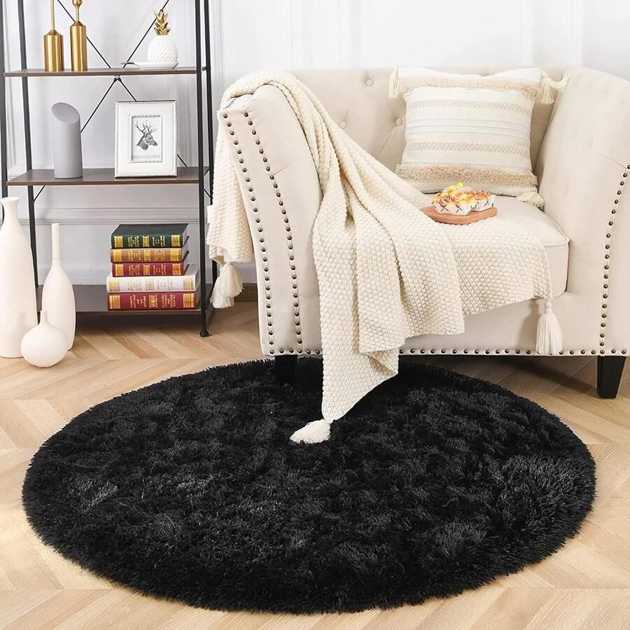 Pluizig tapijt rond modern woonkamer kinderen meisjes zacht pluizig tapijt slaapkamer woonkamer kinderkamer zwart Ø 120 cm rond