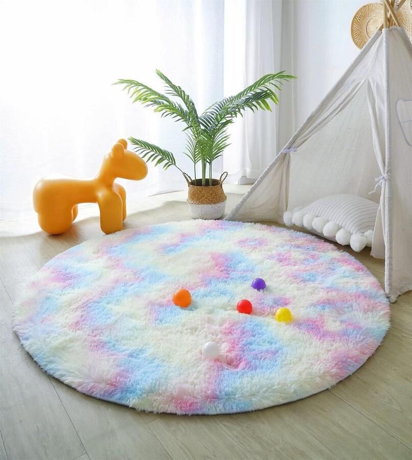 Superzacht pluche tapijt met imitatie pluizig fluweel Moderne binnentapijten met lang haar vacht-look Gezellige bedmat en bankmat Regenboogkleuren 120x120cm