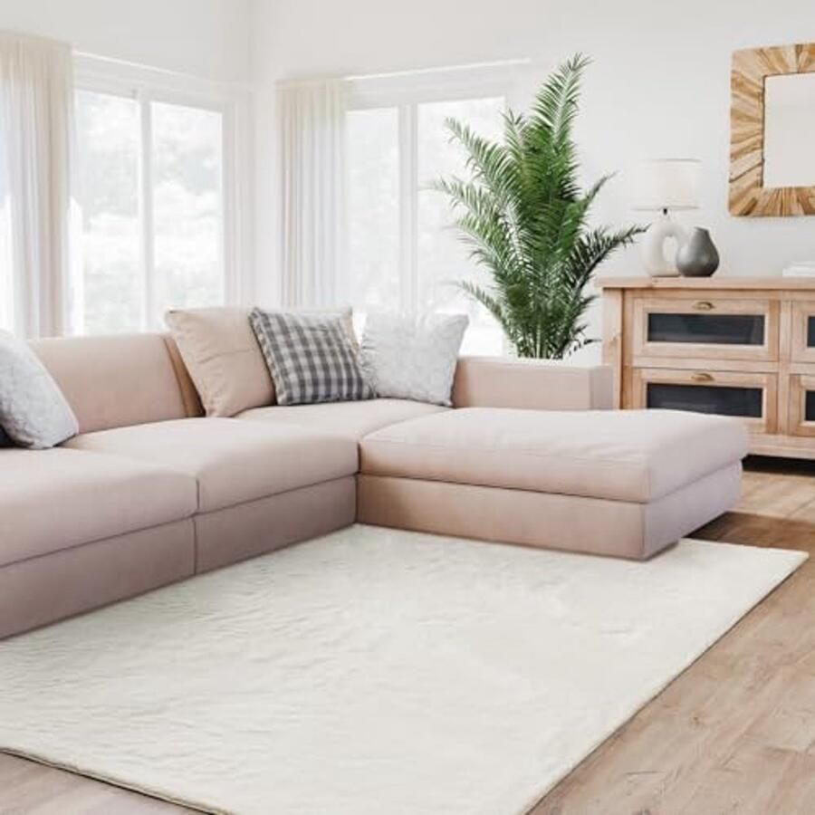 Zacht Loopvlak Vloerkleed voor Woonkamer Wasbaar Antislip en Hoogpolig 60x120 cm Crème