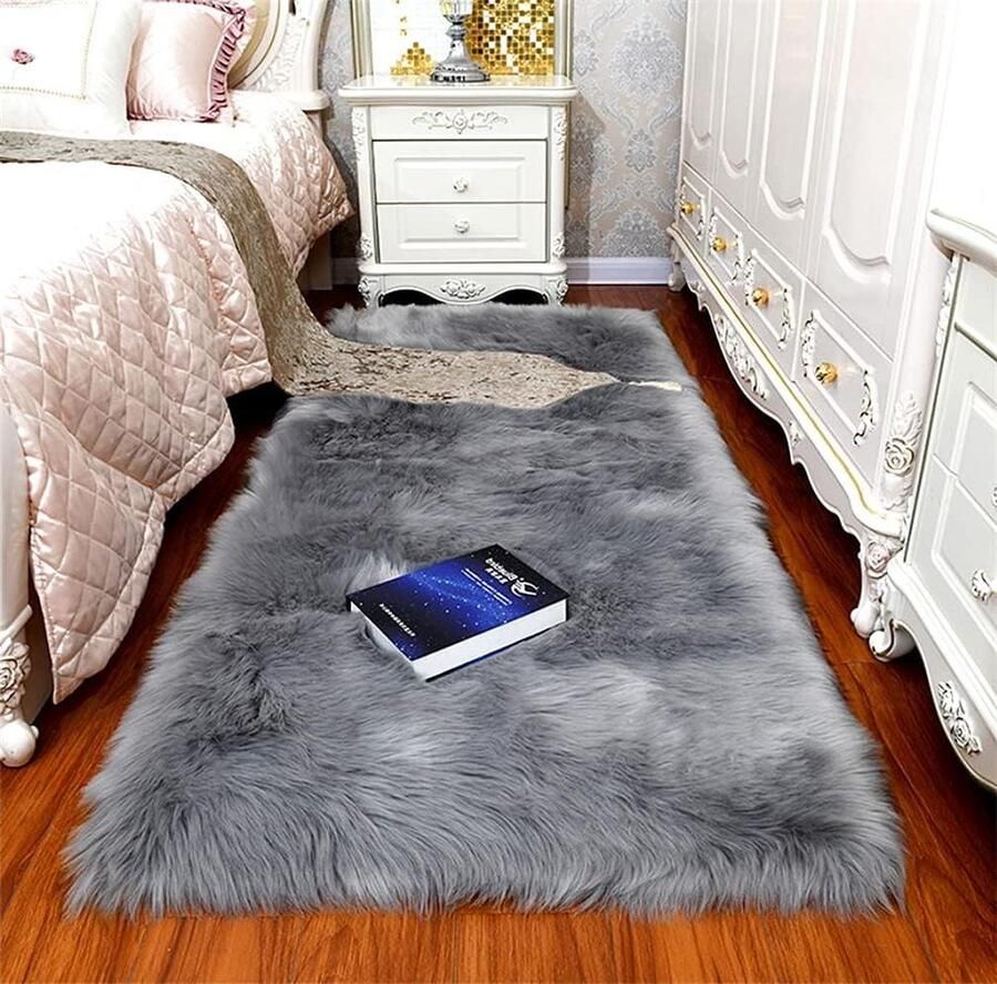 Zacht luxueus antislip kunstbont tapijt deken voor woonkamer slaapkamer badkamer grijs 60 x 90 cm