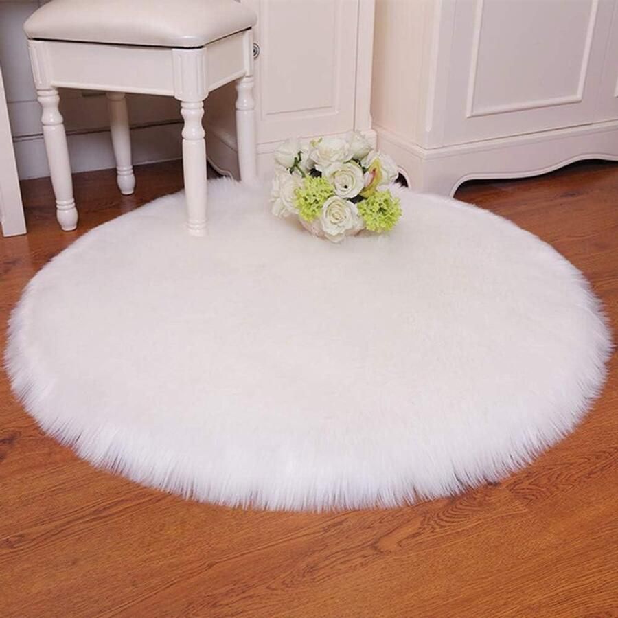 Zacht pluizig kunstbont schapenvacht stijl tapijt faux fleece stoelhoes zitkussen shaggy tapijt voor woonkamer slaapkamer bank vloer (wit rond 45 x 45 cm) - Foto 2