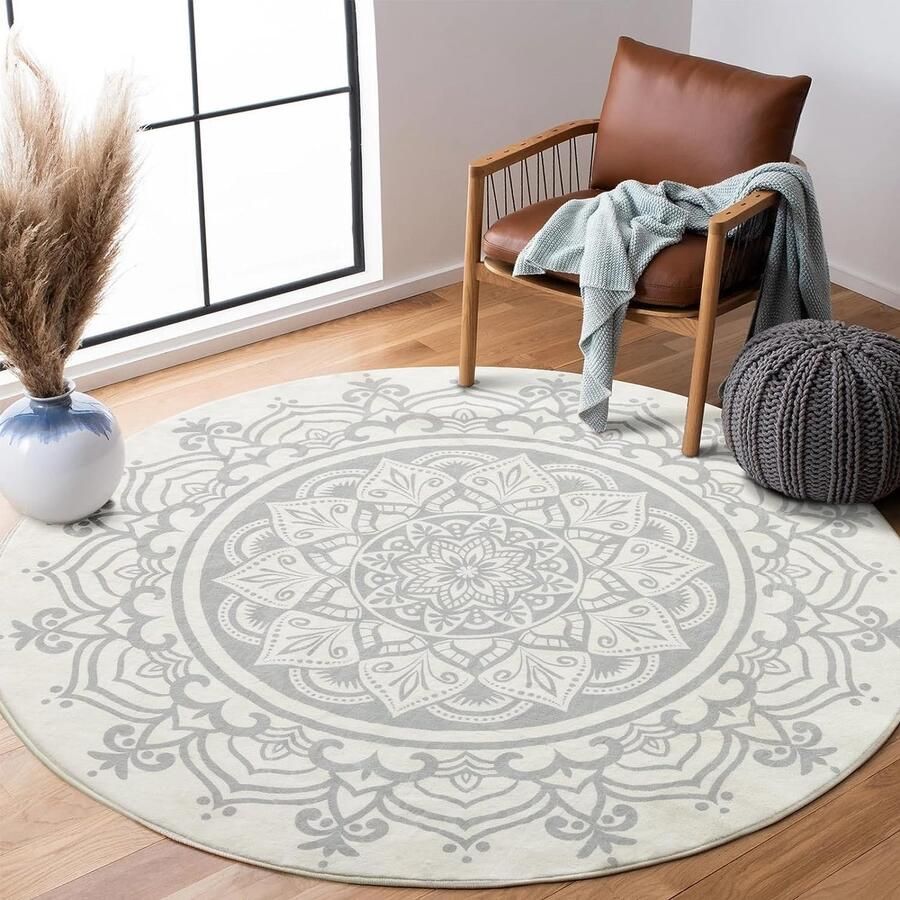 Zacht Pluizig Rond Vloerkleed Grijze Mandala 120 cm Canvas