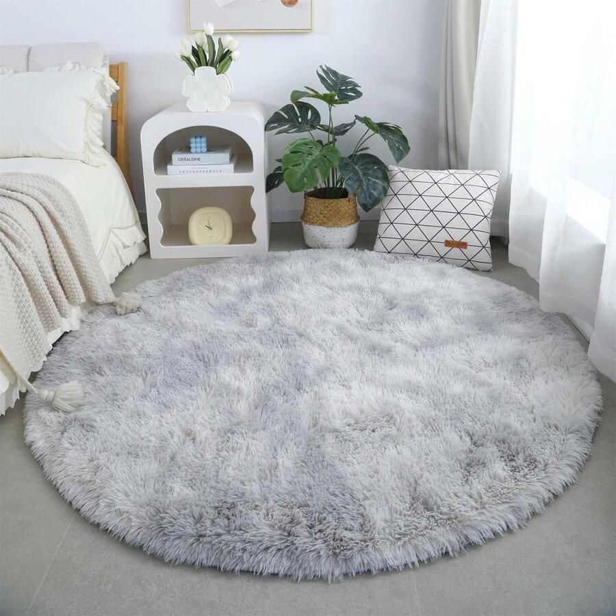 Zacht Rond Pluizig Tapijt voor de Woonkamer Ø120 cm Lichtgrijs