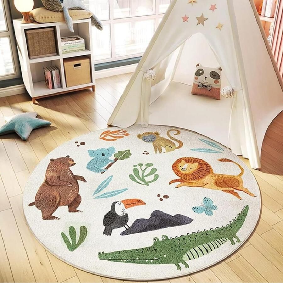 Zacht rond vloerkleed voor kinderen schattige jungledieren jongens meisjes kinderkamer speelkamer woonkamer