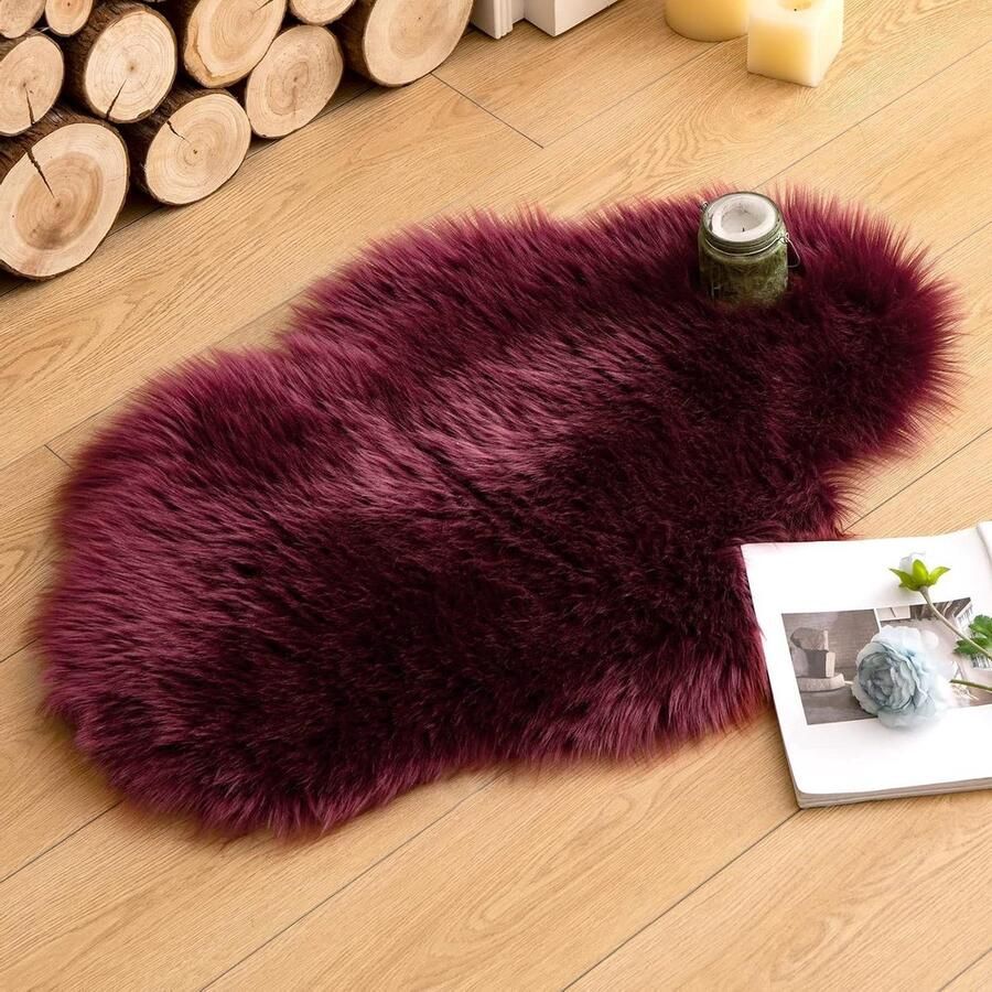 Zacht Shaggy Gebied Mat Faux Fur Area Tapijt Fleece Stoelhoes 60 x 90 cm Bordeaux Rood