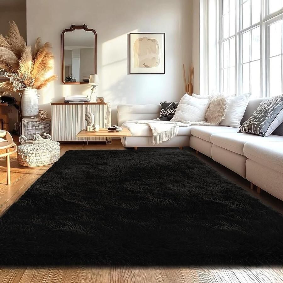 Zacht shaggy tapijt kindveilig en huisdiervriendelijk 1 stuk zwart luxe fleece 150 x 240 cm