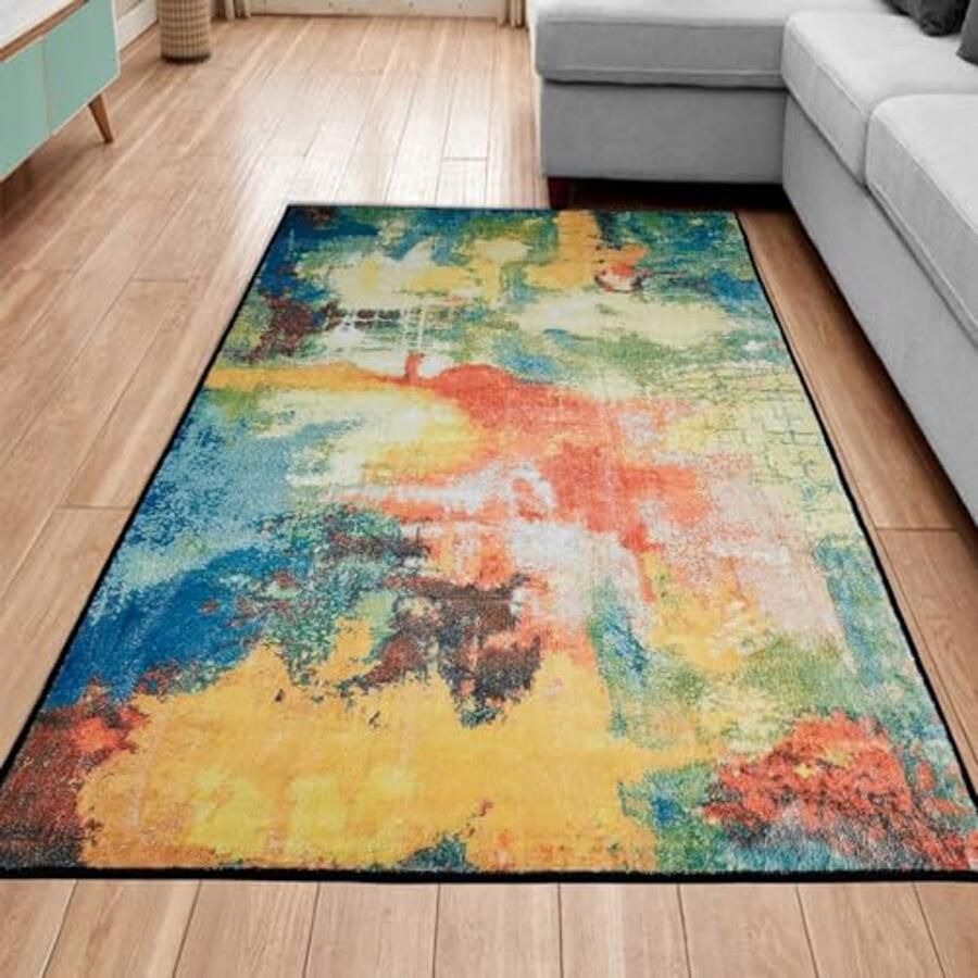 Zacht Wasbaar Tapijt voor Woonkamer en Slaapkamer 140 x 200 cm Modern Abstract Design Kleurrijk Groenblauw Rood Oranje Mosterdgeel