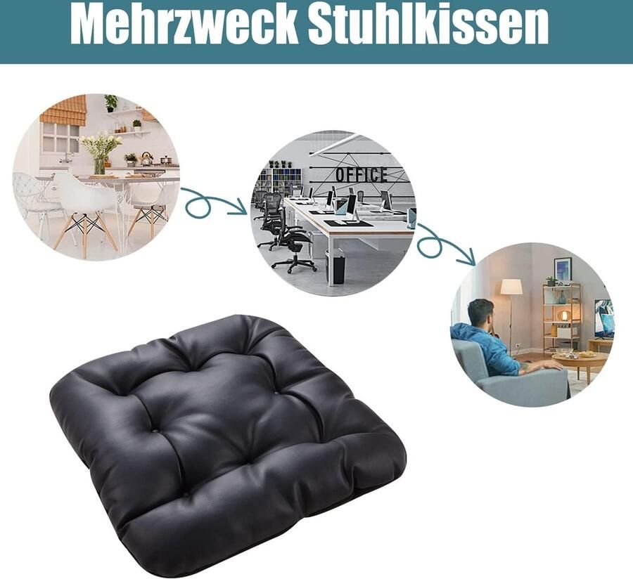 Zacht zitkussen 40 x 40 cm PU-lederen stoelkussen met banden comfortabel stoelkussen van 100% katoen universeel zitkussen voor de meeste stoelen op kantoor in de tuin thuis