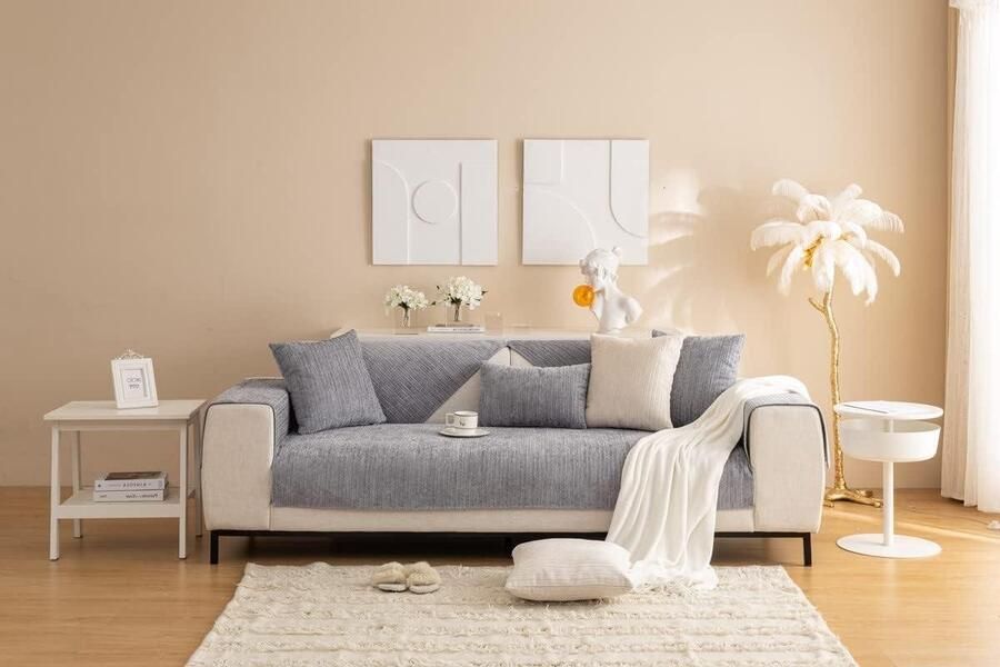 Zachte chenille bankkussens vier seizoenen universele antislip bankhoes meubelbeschermer woonkamer grijs 70 x 210 cm