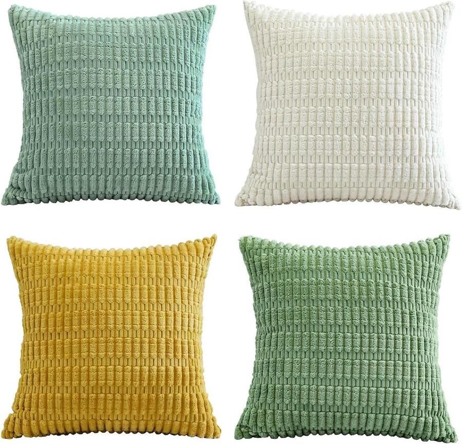Zachte corduroy decoratieve kussenhoezen Set van 4 45x45cm gestreepte kussenslopen bank woonkamer terras boerderij boho woondecoratie groen geel wit