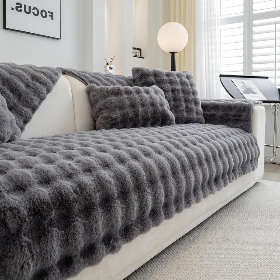 Zachte dikke pluche bankkussens antislip bankhoezen 1-2- of 3-zitsbank pluizig kunstbont hoekbankkussenhoes L-vorm meubelbeschermer woonkamer donkergrijs 70 x 180 cm Bankkussen