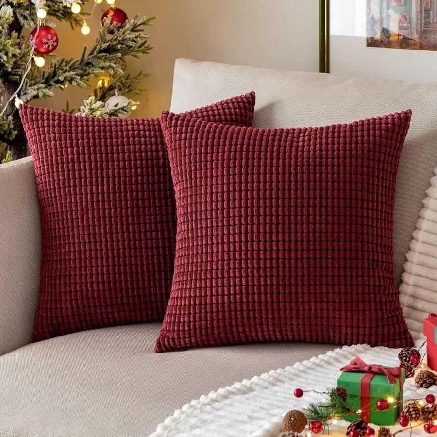 Zachte effen decoratieve corduroy kussenslopen vierkante kussenhoezen voor sofa slaapkamer stoel zetel 16 x 16 inch 40 x 40 cm set van 2 wijnrood