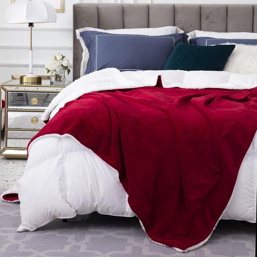 Zachte en gezellige sherpa fleecedeken plaid deken voor bank en bed grote pluizige deken voor extra warmte reizen thermische beddeken 200 x 240 cm King Bourgondië
