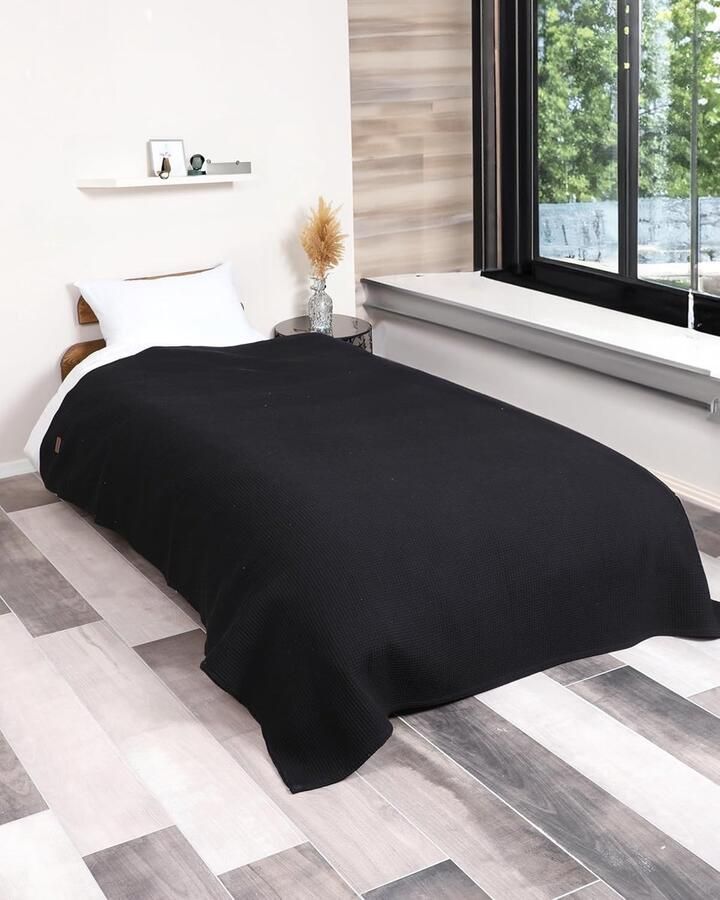 Luvetrex Stijlvolle Zwarte Wafel Pique Sprei van 100% Katoen voor Bed en Bank 180x200 cm