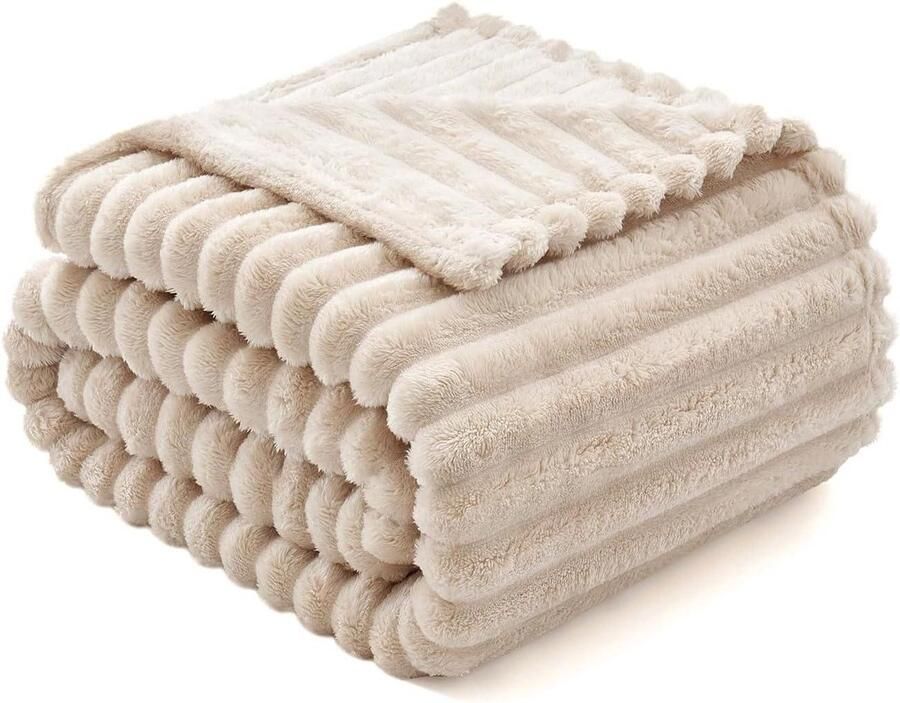 Cosy Fleece Deken Flanel Zachte Warme Comfortabele Plaids Voor Bank Corduroy Pluizige Deken Bed Kussen Voor Slaapkamer Bank Reizen Kinderen Slaapkamer Accessoires 50 X 60 Inch Beige - Foto 2