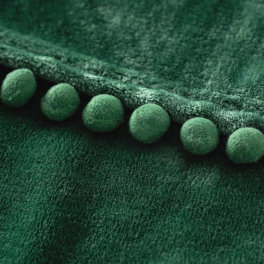 Zachte Fleece Deken Flanellen Deken met Pompoms Effen Dekens Bank Deken Pluizige Throw Microvezel Beddensprei Sofa Deken 150 x 200 cm Donkergroen