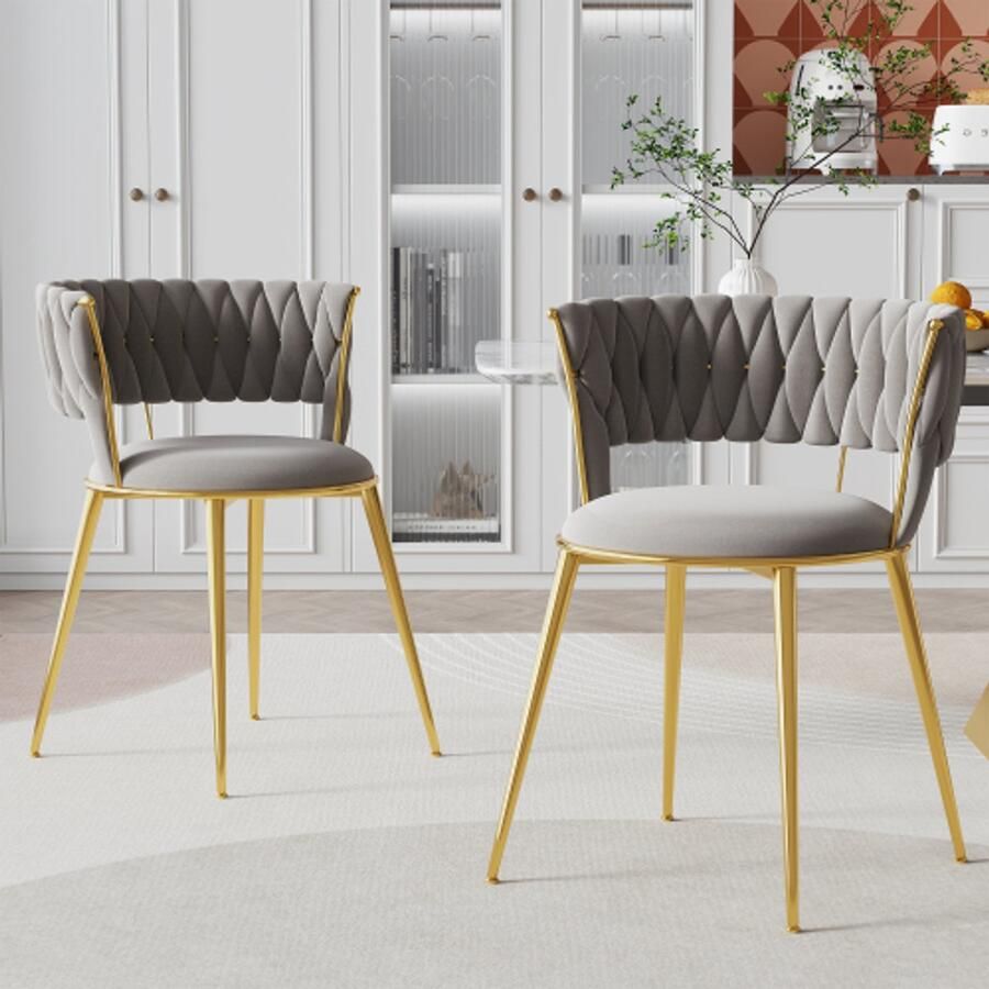 Zachte fluwelen eetkamerstoel 2-delige set zachte gewatteerde comfortabele woonkamerstoel make-up kamer slaapkamer moderne vingervormige rugleuning met armleuningen holle kleedstoel