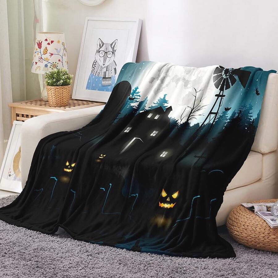 Zachte Halloween Fleece Deken Warme Flanelen Dekens voor Slaapkamer en Bank (70 x 100 cm Zwart)