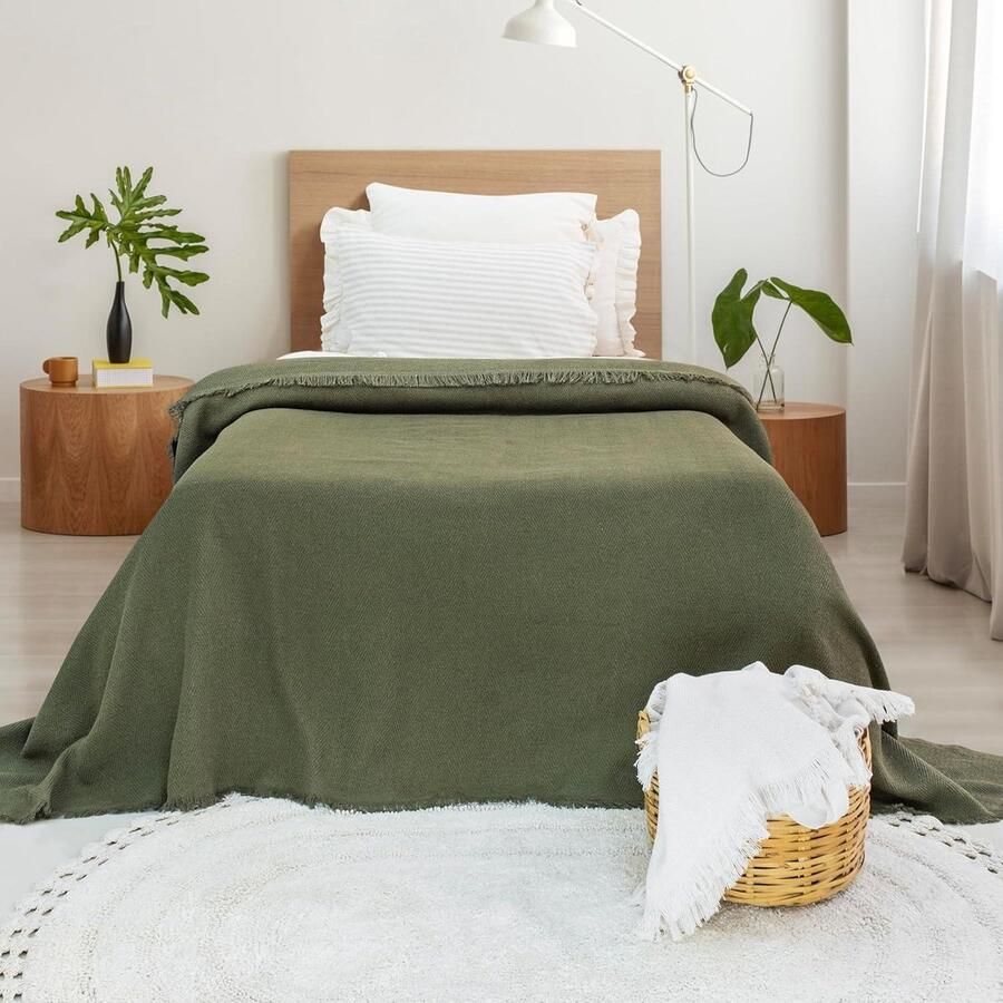 Zachte katoenen plaid Voor fauteuils en banken Eenpersoons bedsprei in olijfgroen 170 x 200